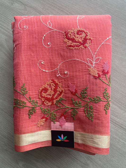 Peachy Pink Machine Embroidered Blended Kota Saree - 31639