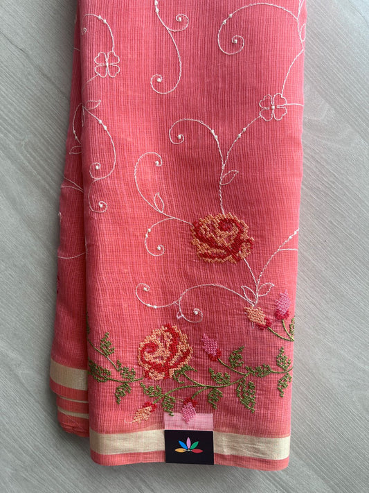 Peachy Pink Machine Embroidered Blended Kota Saree - 31639