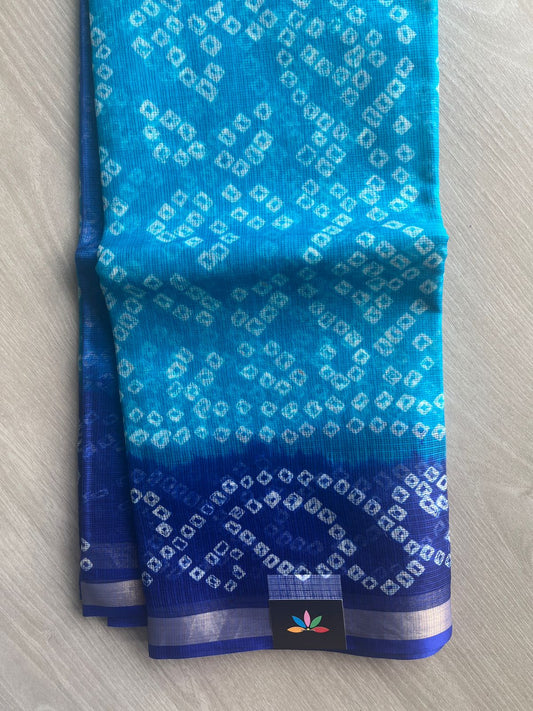 Bright Sky Blue & Dark Blue Bandhani Print Pure Kota Silk Saree - 33068