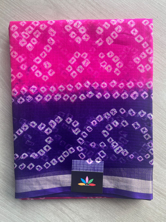 Deep Pink & Royal Purple Bandhani Print Pure Kota Silk Saree - 33069