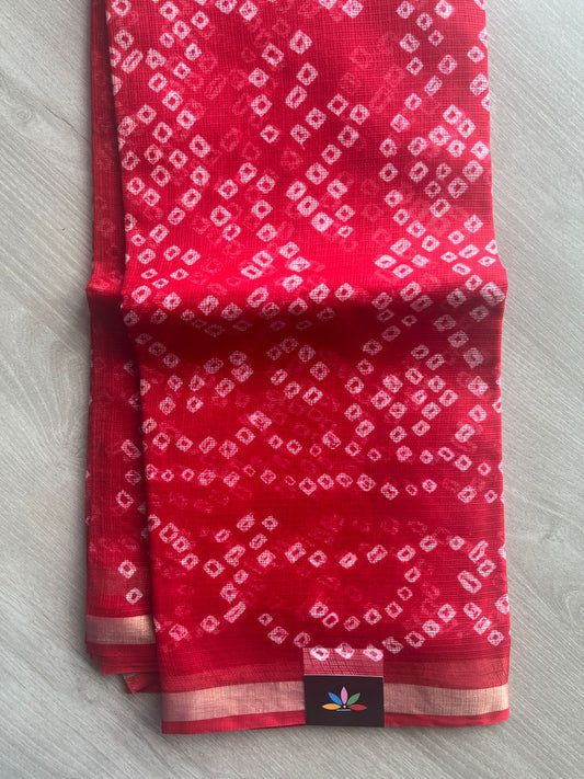 Cherry Red Bandhani Print Pure Kota Silk Saree - 33070