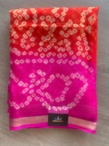 Vermilion Shade & Deep Pink Bandhani Print Pure Kota Silk Saree - 33073