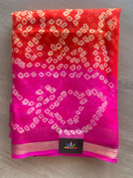 Vermilion Shade & Deep Pink Bandhani Print Pure Kota Silk Saree - 33073