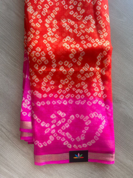 Vermilion Shade & Deep Pink Bandhani Print Pure Kota Silk Saree - 33073