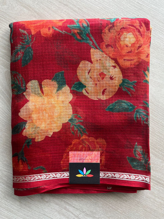 Dark Red Small Border Printed Kota Silk Saree - 33074