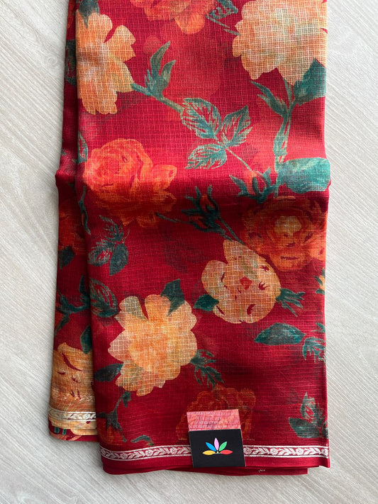 Dark Red Small Border Printed Kota Silk Saree - 33074