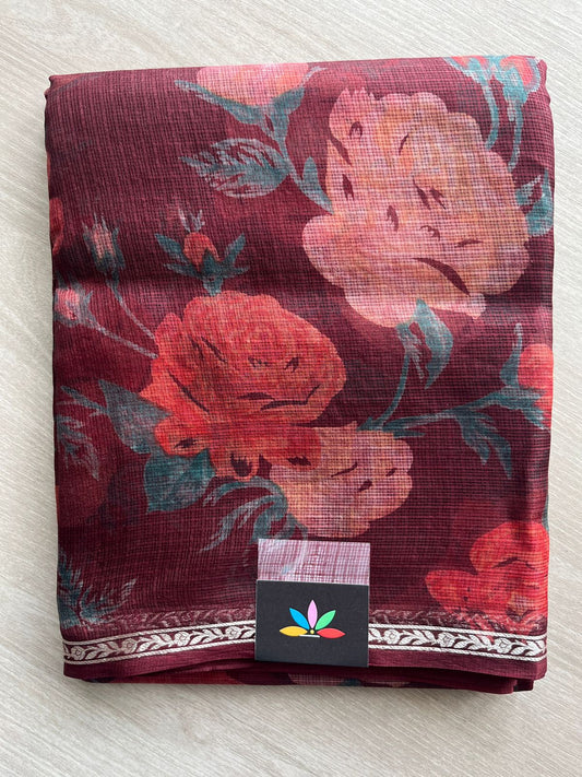 Burnt Umber Brown Small Border Printed Kota Silk Saree - 33076