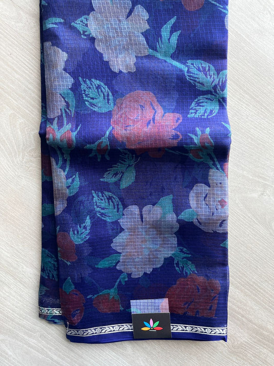 Royal Cobalt Blue Small Border Printed Kota Silk Saree - 33077