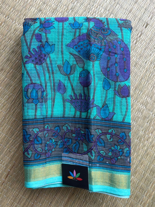 Aqua Blue Printed Kota Cotton Saree - 33085