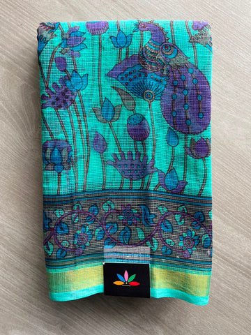 Aqua Blue Printed Kota Cotton Saree - 33085