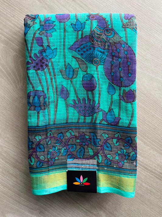 Aqua Blue Printed Kota Cotton Saree - 33085