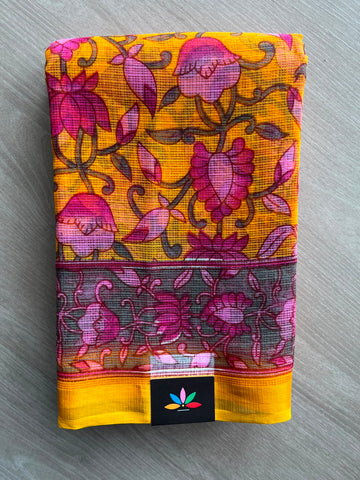 Mustard Yellow Printed Kota Cotton Saree - 33086
