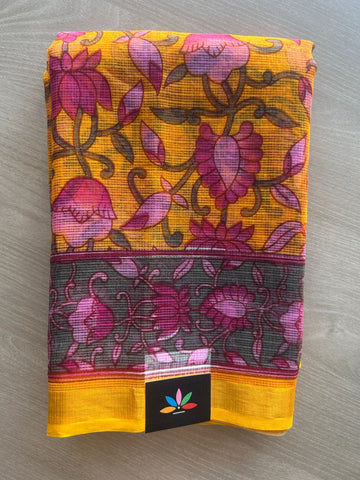 Mustard Yellow Printed Kota Cotton Saree - 33086