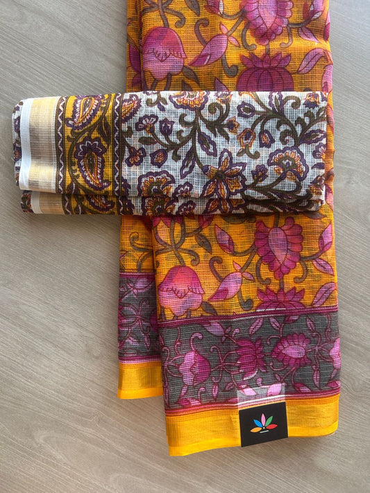 Mustard Yellow Printed Kota Cotton Saree - 33086