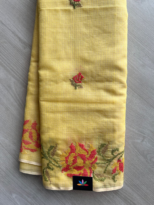 Buttercream Yellow Embroidered Kota Cotton Saree - 33090