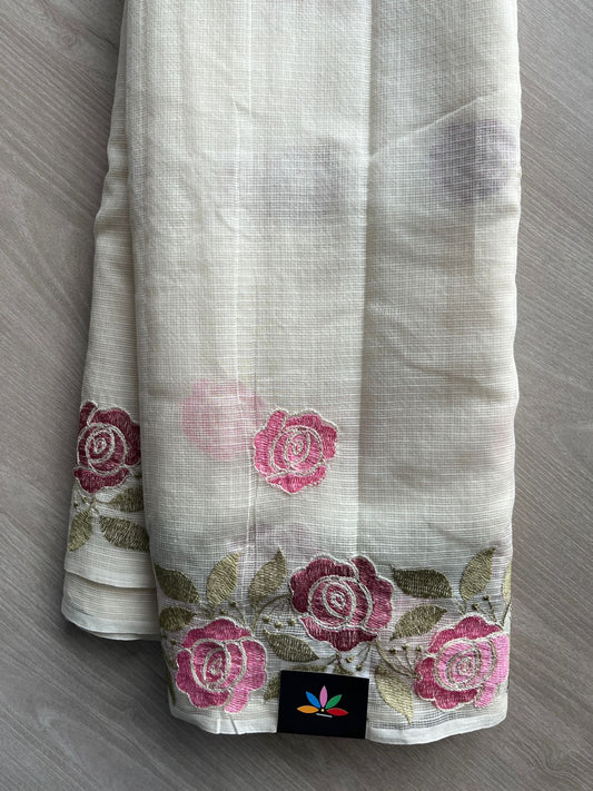 White Embroidered Kota Cotton Saree - 33091_33092