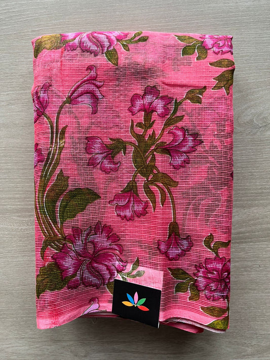 Watermelon Pink Printed Kota Cotton Saree (Without Blouse) - 33226