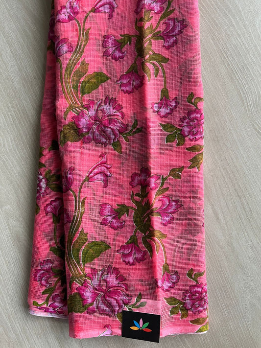 Watermelon Pink Printed Kota Cotton Saree (Without Blouse) - 33226