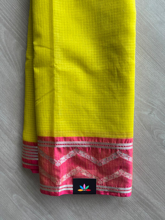 Lime Green Woven Border Kota Cotton Saree - 33856