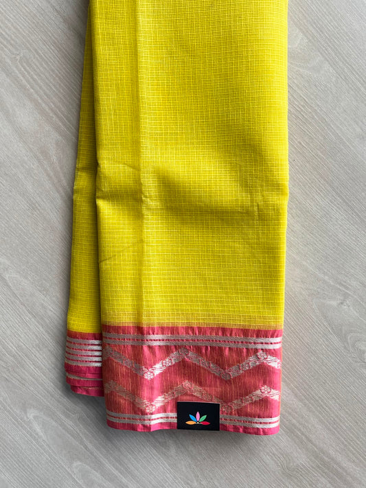 Lime Yellow Woven Border Kota Cotton Saree - 33856