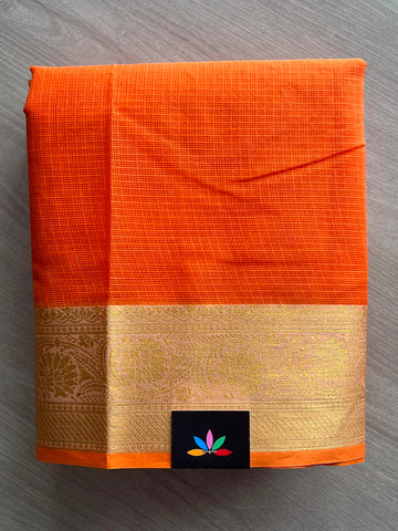 Neon Orange Woven Border Kota Cotton Saree - 33857