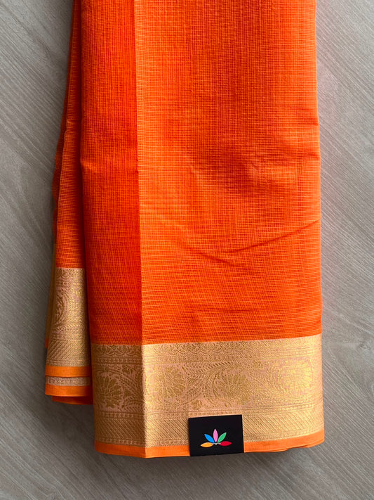 Neon Orange Woven Border Kota Cotton Saree - 33857