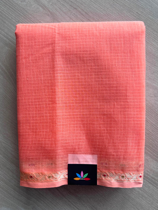Peach Pink Small Woven Border Kota Cotton Saree - 33865
