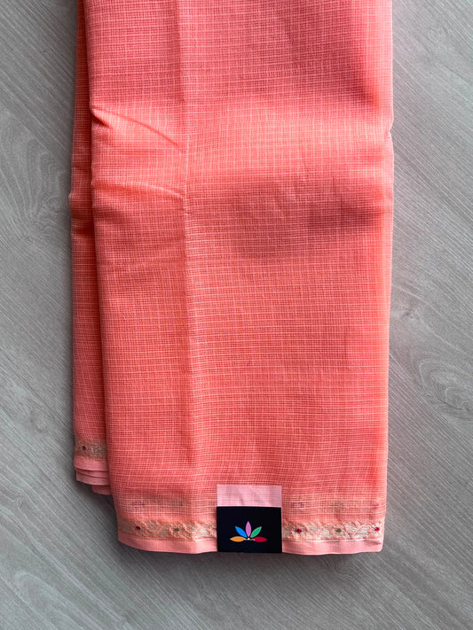 Peach Pink Small Woven Border Kota Cotton Saree - 33865
