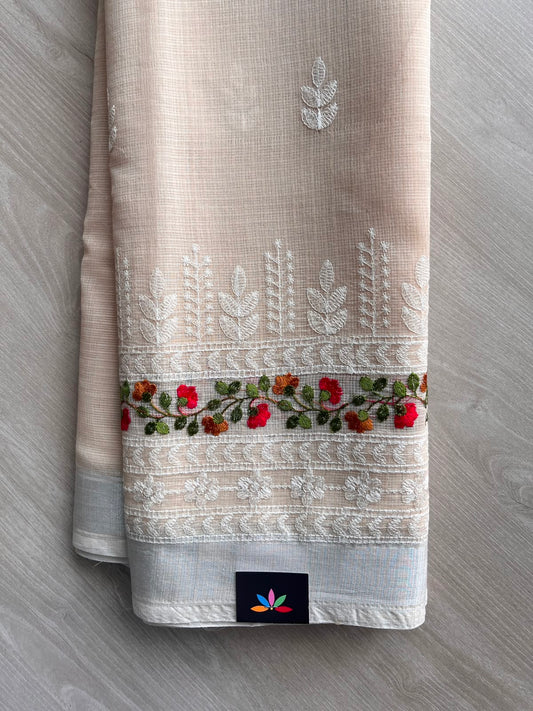 Light Beige Machine Embroidered Blended Kota Saree - 33869-33870