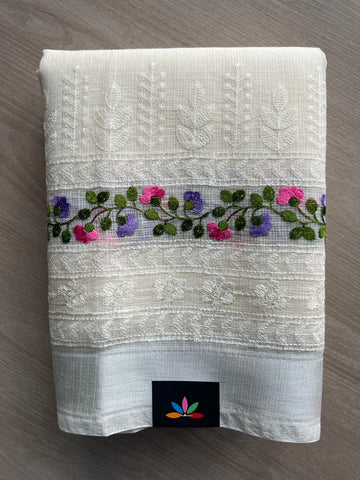 White Machine Embroidered Blended Kota Saree - 33872