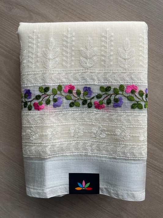 White Machine Embroidered Blended Kota Saree - 33872