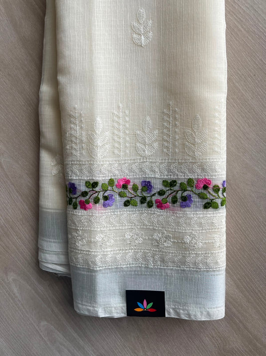 White Machine Embroidered Blended Kota Saree - 33872
