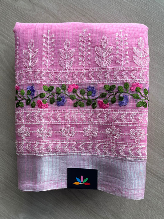 Light Hot Pink Machine Embroidered Blended Kota Saree - 33873