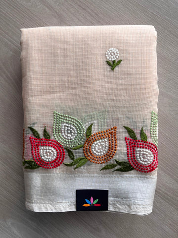 Light Beige Machine Embroidered Blended Kota Saree - 33874