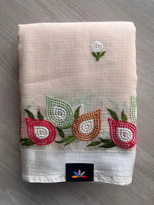 Light Beige Machine Embroidered Blended Kota Saree - 33874