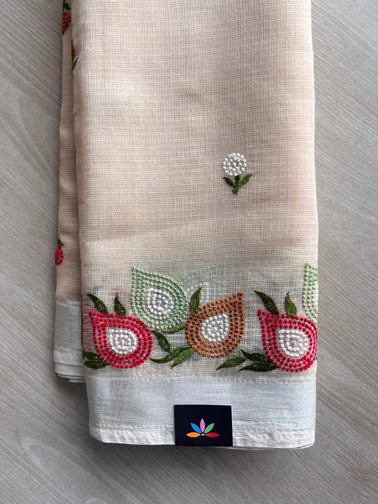 Light Beige Machine Embroidered Blended Kota Saree - 33874