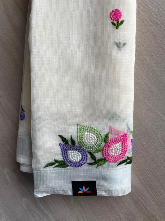 White Machine Embroidered Blended Kota Saree - 33876