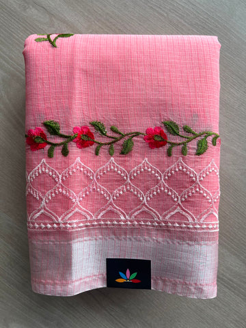 French Pink Machine Embroidered Blended Kota Saree - 33878
