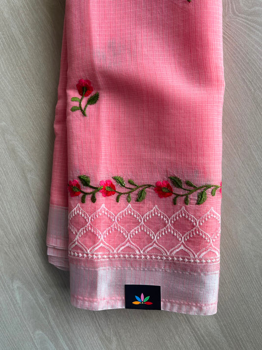 French Pink Machine Embroidered Blended Kota Saree - 33878
