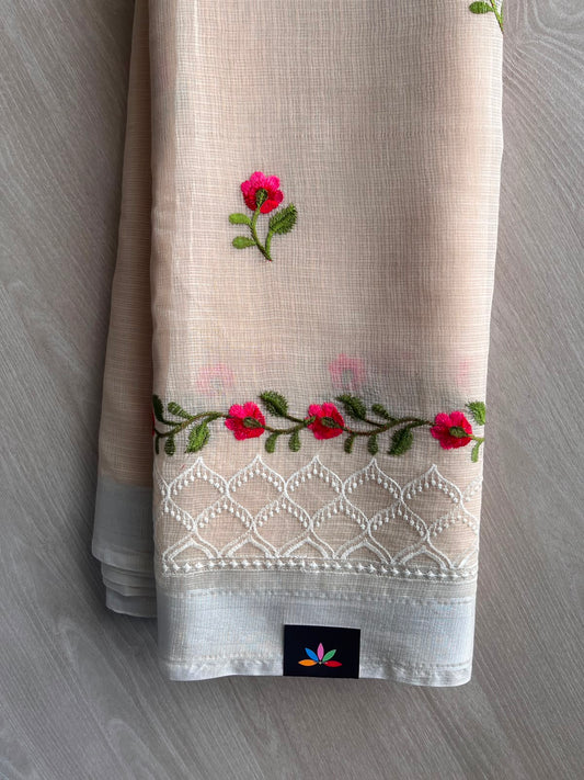 Light Beige Machine Embroidered Blended Kota Saree - 33879