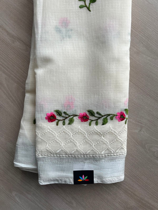 White Machine Embroidered Blended Kota Saree - 33881
