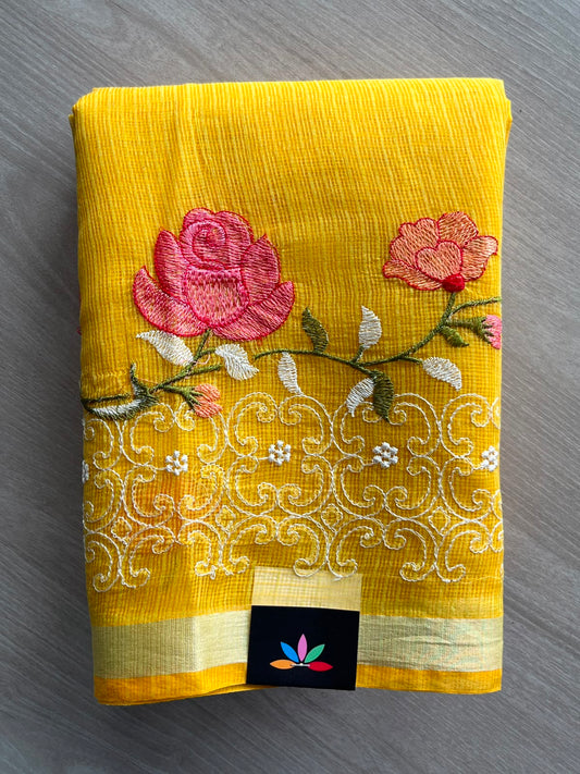 Mustard Yellow Machine Embroidered Blended Kota Saree - 33882
