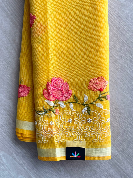 Mustard Yellow Machine Embroidered Blended Kota Saree - 33882