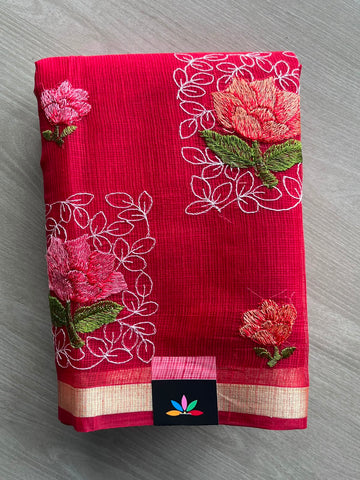 Crimson Red Machine Embroidered Blended Kota Saree - 33885