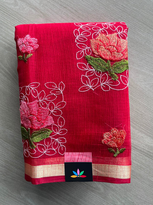 Crimson Red Machine Embroidered Blended Kota Saree - 33885
