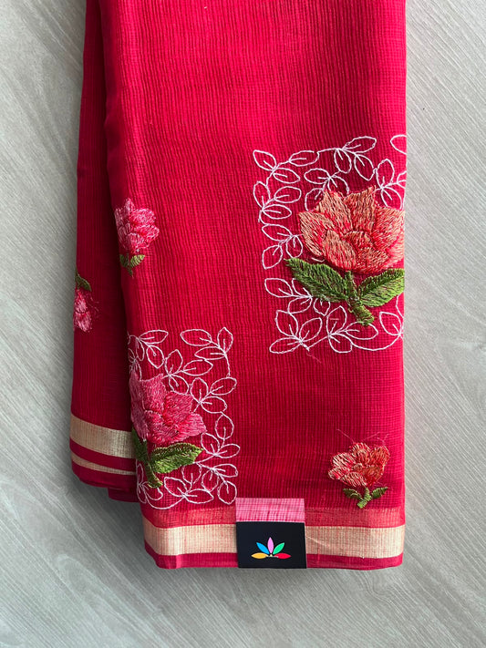 Crimson Red Machine Embroidered Blended Kota Saree - 33885
