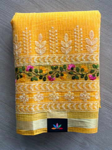 Mustard Yellow Machine Embroidered Blended Kota Saree - 33886