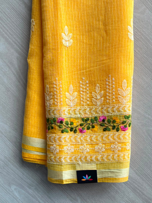 Mustard Yellow Machine Embroidered Blended Kota Saree - 33886