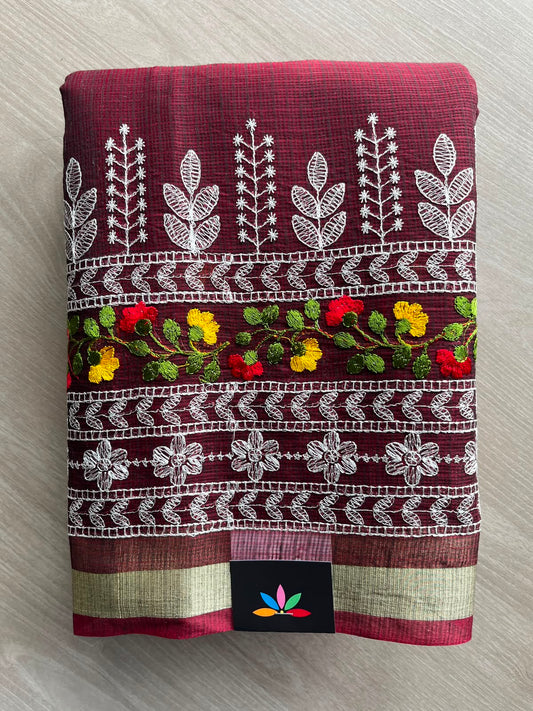 Dark Maroon Machine Embroidered Blended Kota Saree - 33887