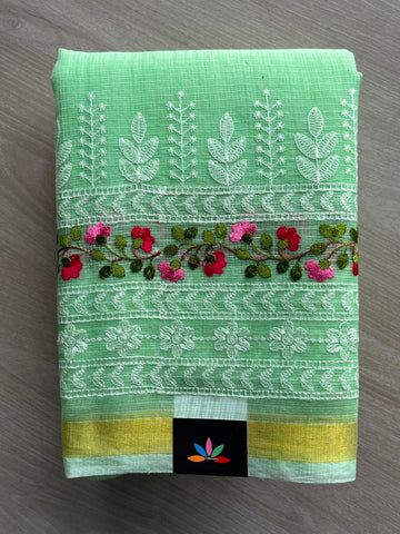 Seafoam Green Machine Embroidered Blended Kota Saree - 33888